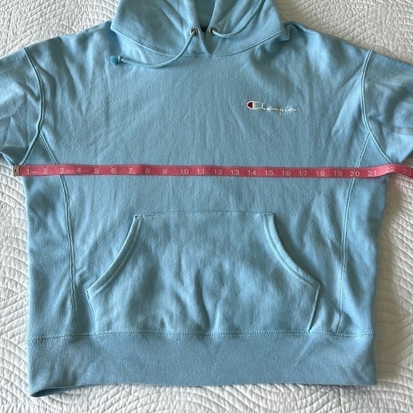 Champion Reverse Weave Vintage Logo Hoodie Pullover Sweatshirt Light Blue - Picture 6 of 7